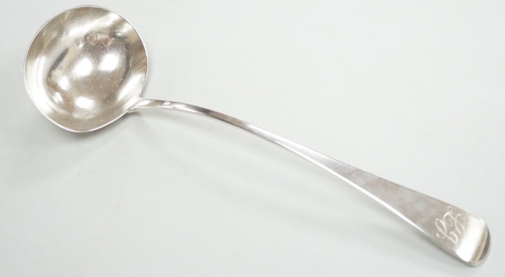A late George III silver Old English pattern soup ladle, Hougham, Royes & Dix, London,1817, 32.5cm, 6oz.